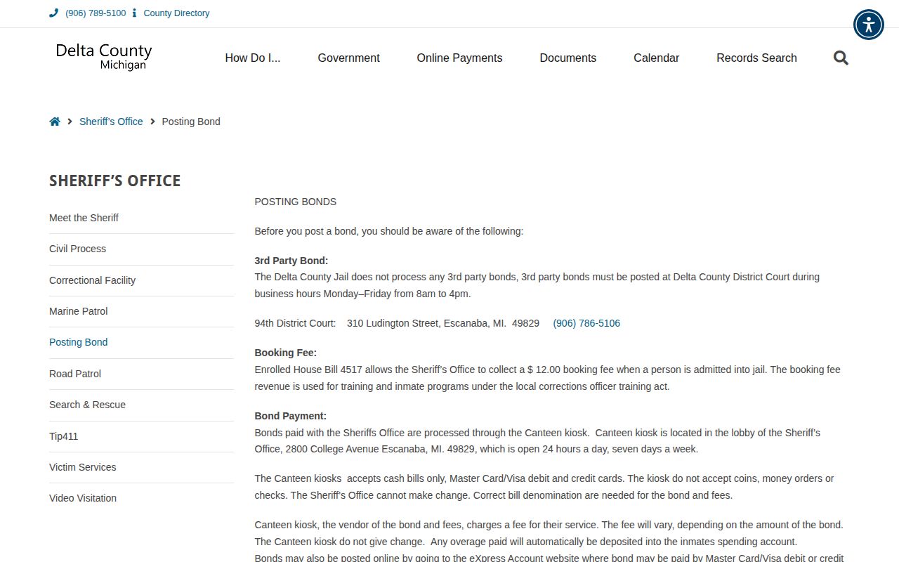Delta County official posting bond and booking fee page