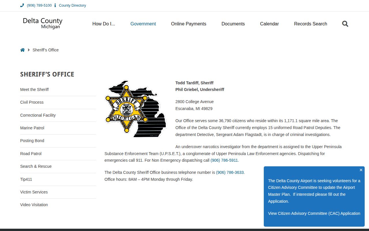 Official Delta County Sheriff's Office webpage used to verify arrest and jail contact channels