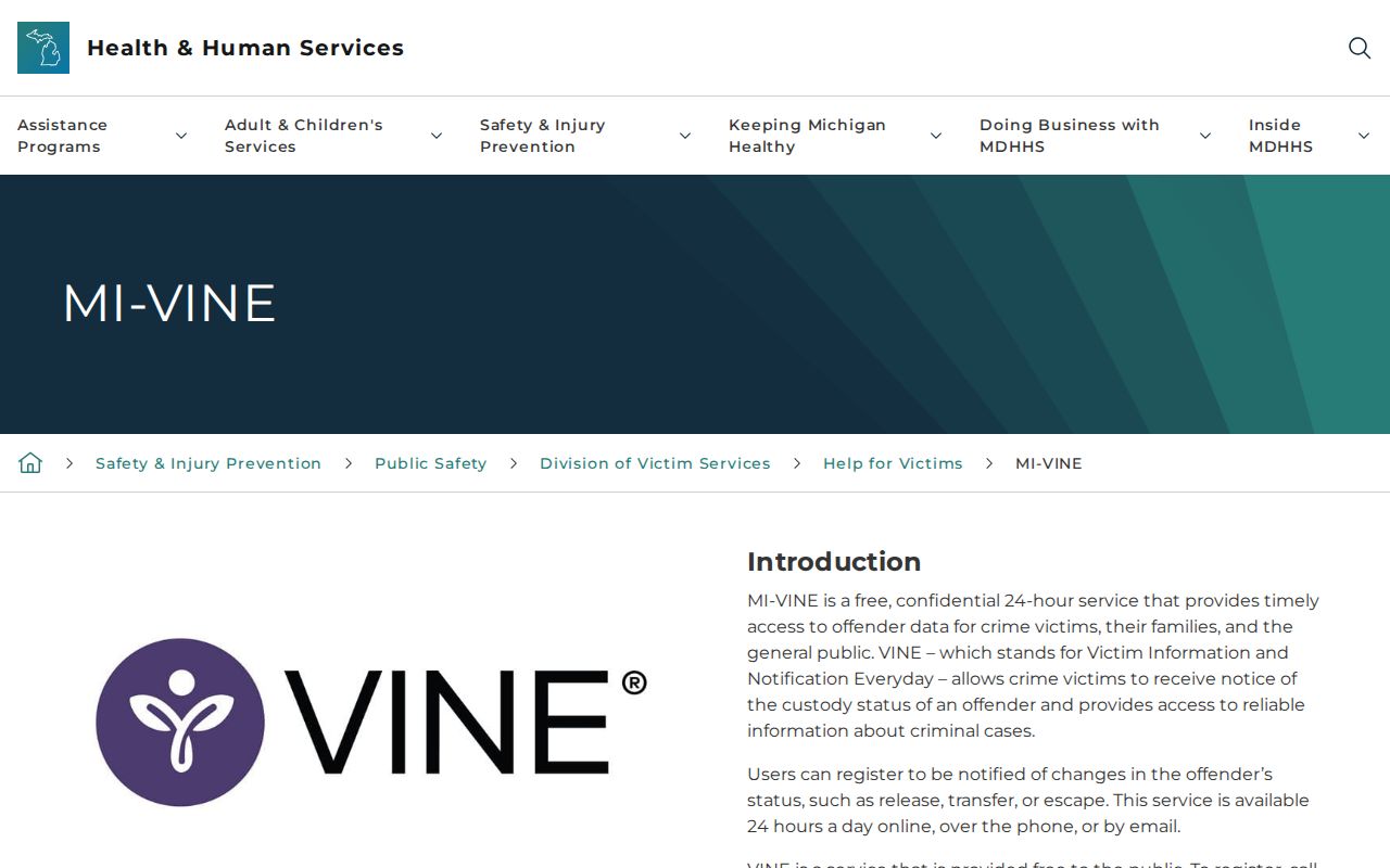 Official Michigan MI-VINE webpage describing custody notifications and access methods