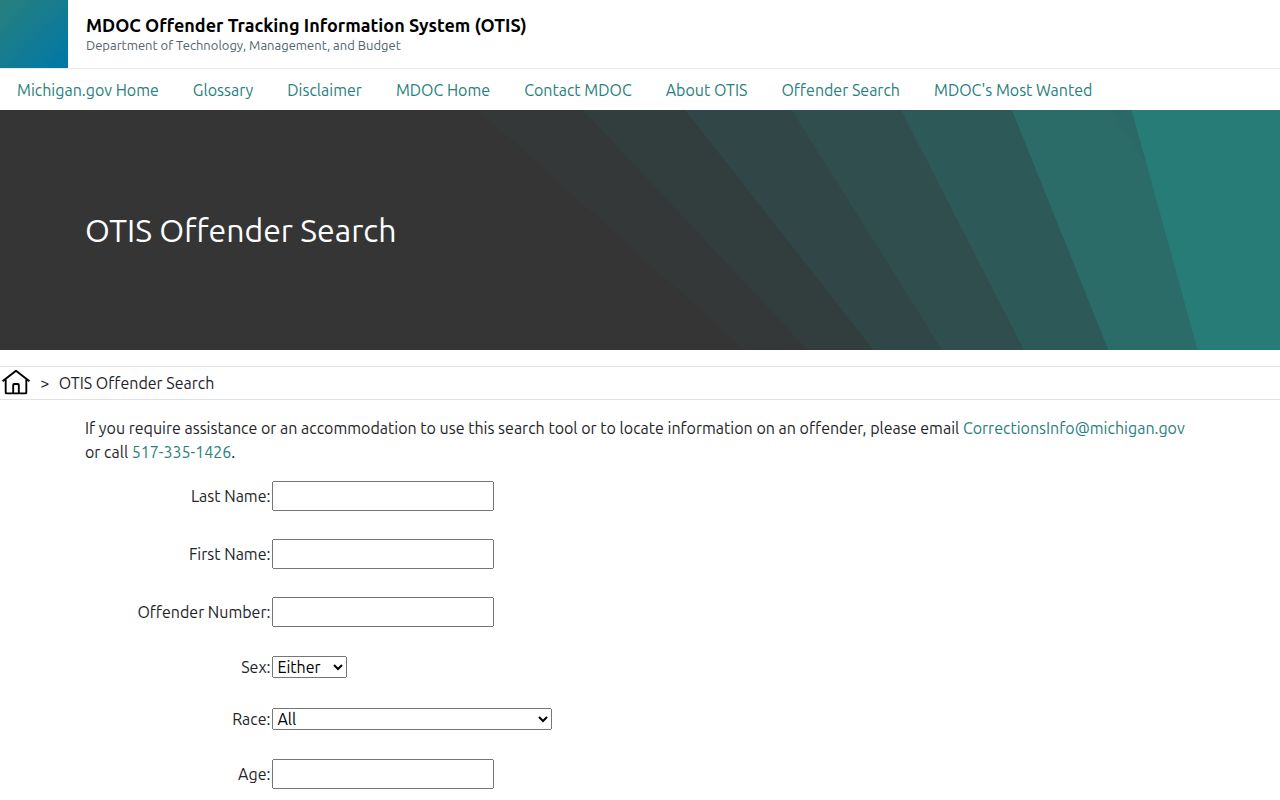 Michigan Department of Corrections OTIS offender search form