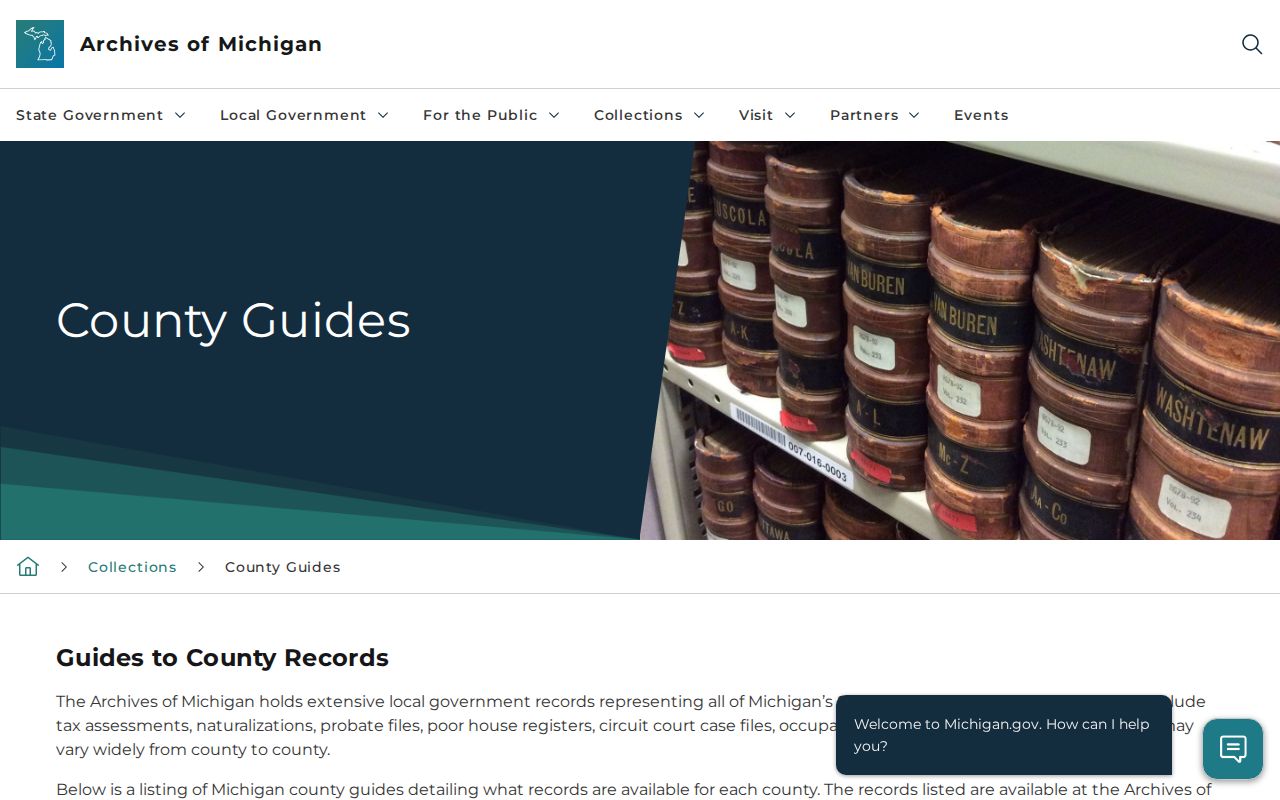 Official Archives of Michigan county records guide webpage for historical Delta County research
